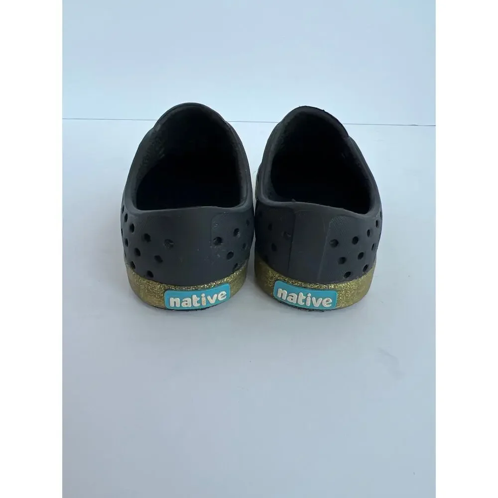 Native Kids Jefferson Bling Slip On Black Water Shoes Gold Glitter Toe C6